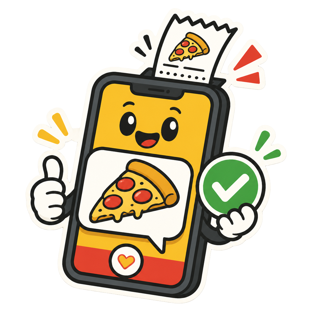 Playful phone illustration ordering a pizza with a payment tick and kitchen ticket